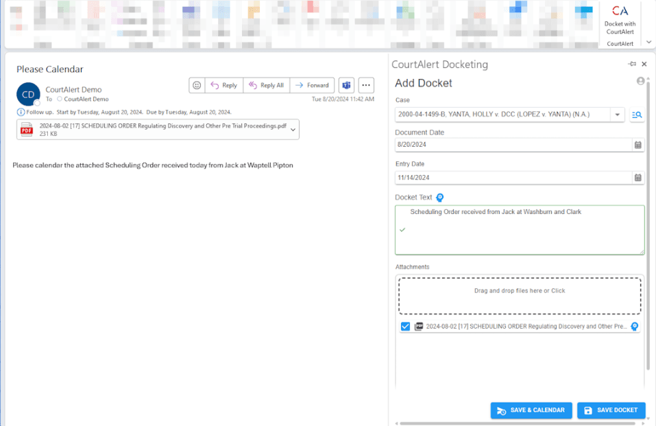 CourtAlert Outlook Add-in screenshot