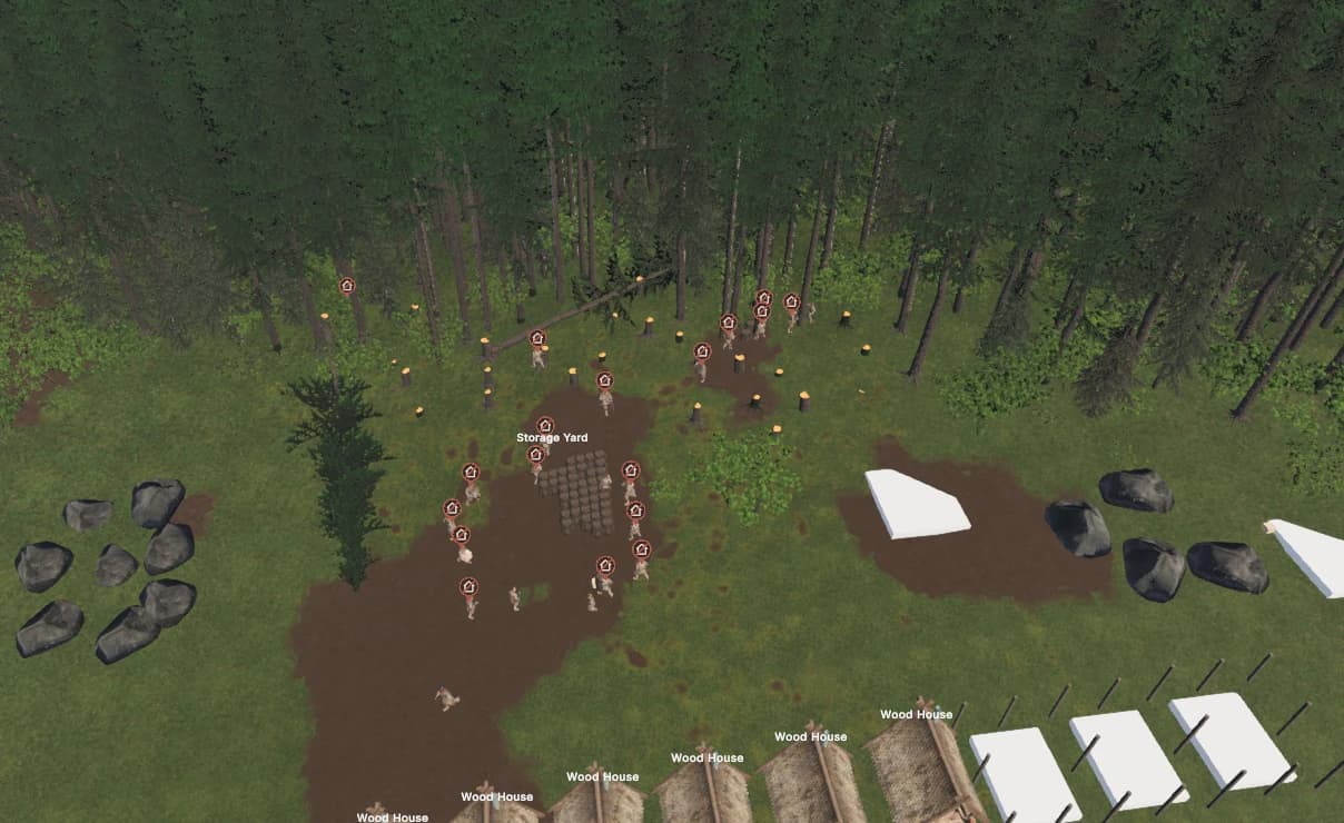 Workers hauling logs to a storage yard in a forest settlement