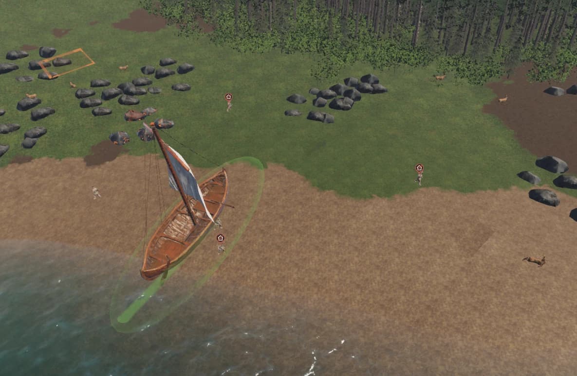 A longship beached on an untouched shore as settlers come ashore