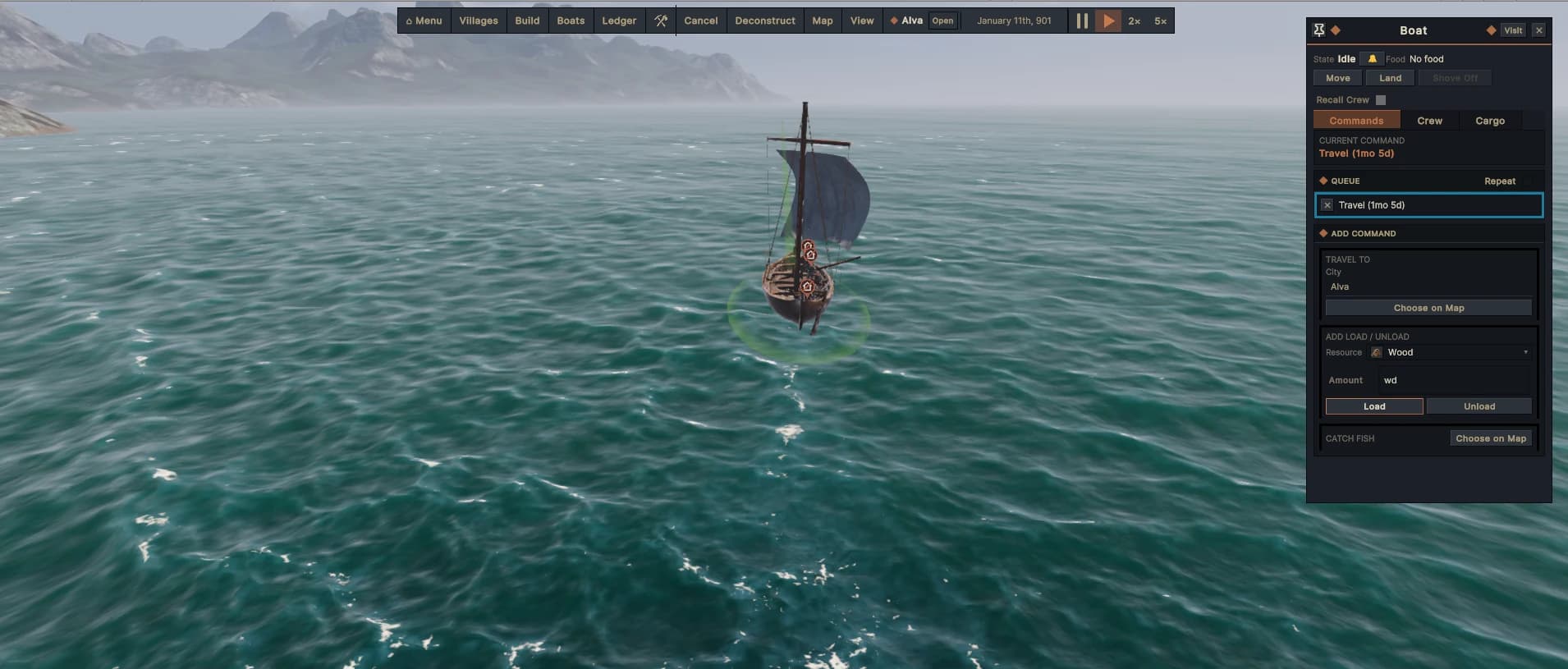 A crewed longship under sail on the open sea, its command queue open