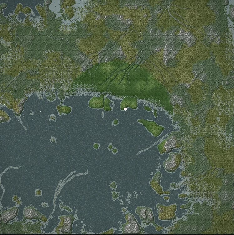 The world map: a broad fjord basin ringed by forest, islands, and river valleys